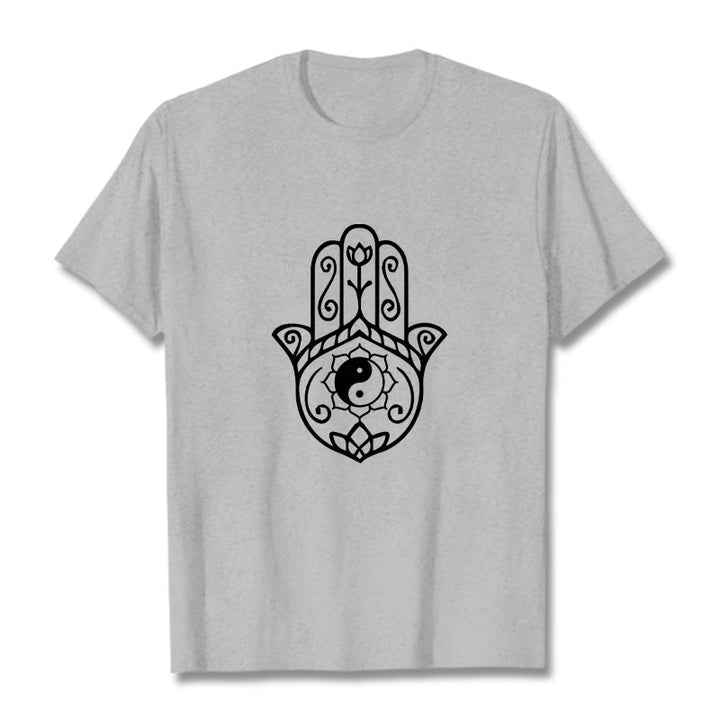 Koszulka bawełniana z Buddha Stones i dłonią Hamsa Yin Yang - Jasnoszary - 2XL - image 20