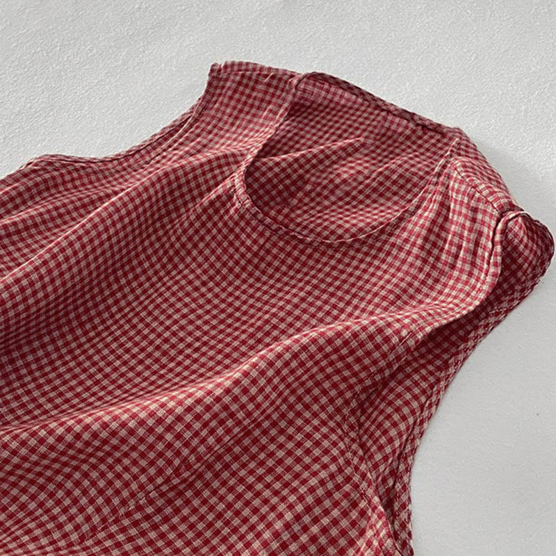 Buddha Stones Casual Plain Handmade Plaid Midi Dress Bawełniana sukienka bez rękawów z kieszeniami - image 7