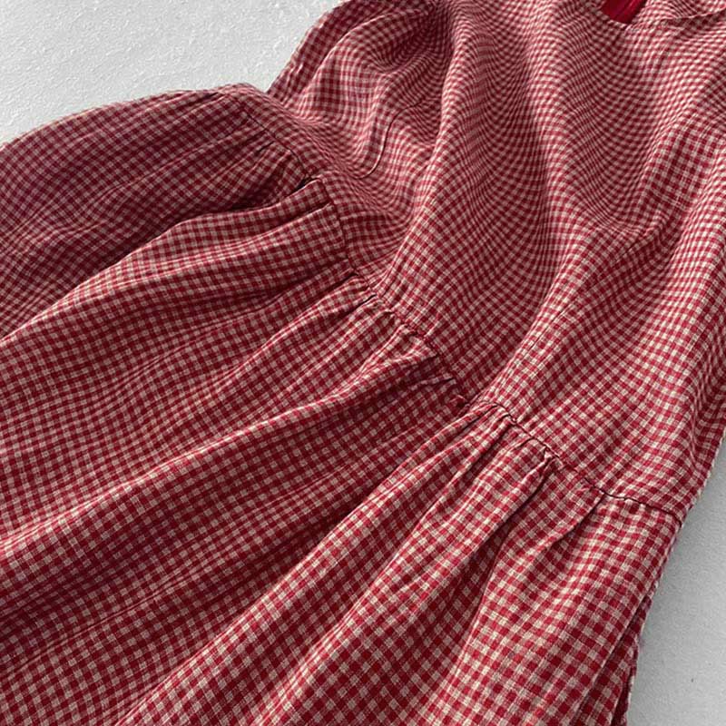 Buddha Stones Casual Plain Handmade Plaid Midi Dress Bawełniana sukienka bez rękawów z kieszeniami - image 5