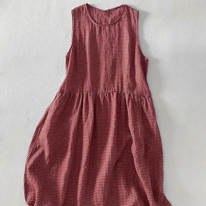 Buddha Stones Casual Plain Handmade Plaid Midi Dress Bawełniana sukienka bez rękawów z kieszeniami - image 4