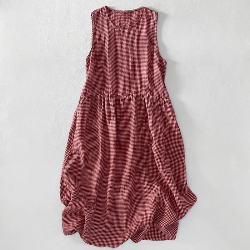Buddha Stones Casual Plain Handmade Plaid Midi Dress Bawełniana sukienka bez rękawów z kieszeniami - DarkSalmon - US16, UK/AU20, EU48 (3XL) - image 0