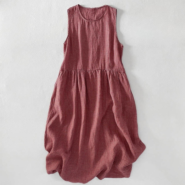 Buddha Stones Casual Plain Handmade Plaid Midi Dress Bawełniana sukienka bez rękawów z kieszeniami - DarkSalmon - US16, UK/AU20, EU48 (3XL) - image 0