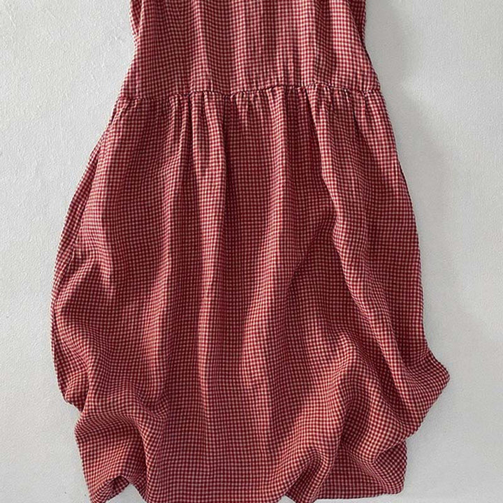 Buddha Stones Casual Plain Handmade Plaid Midi Dress Bawełniana sukienka bez rękawów z kieszeniami - image 6