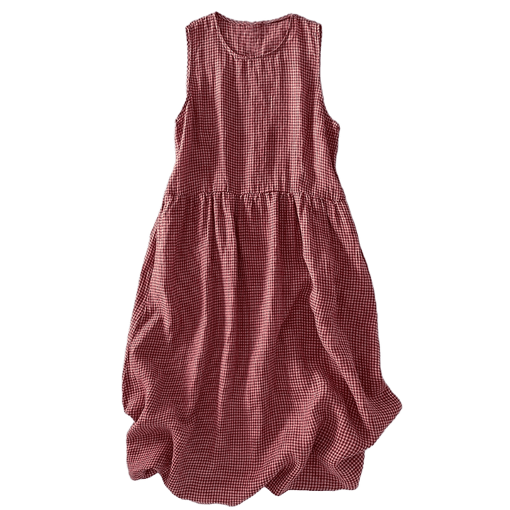 Buddha Stones Casual Plain Handmade Plaid Midi Dress Bawełniana sukienka bez rękawów z kieszeniami - image 8