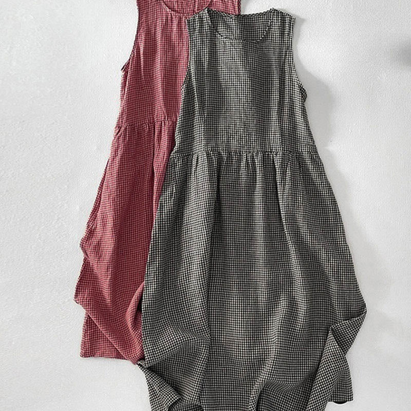 Buddha Stones Casual Plain Handmade Plaid Midi Dress Bawełniana sukienka bez rękawów z kieszeniami - image 17
