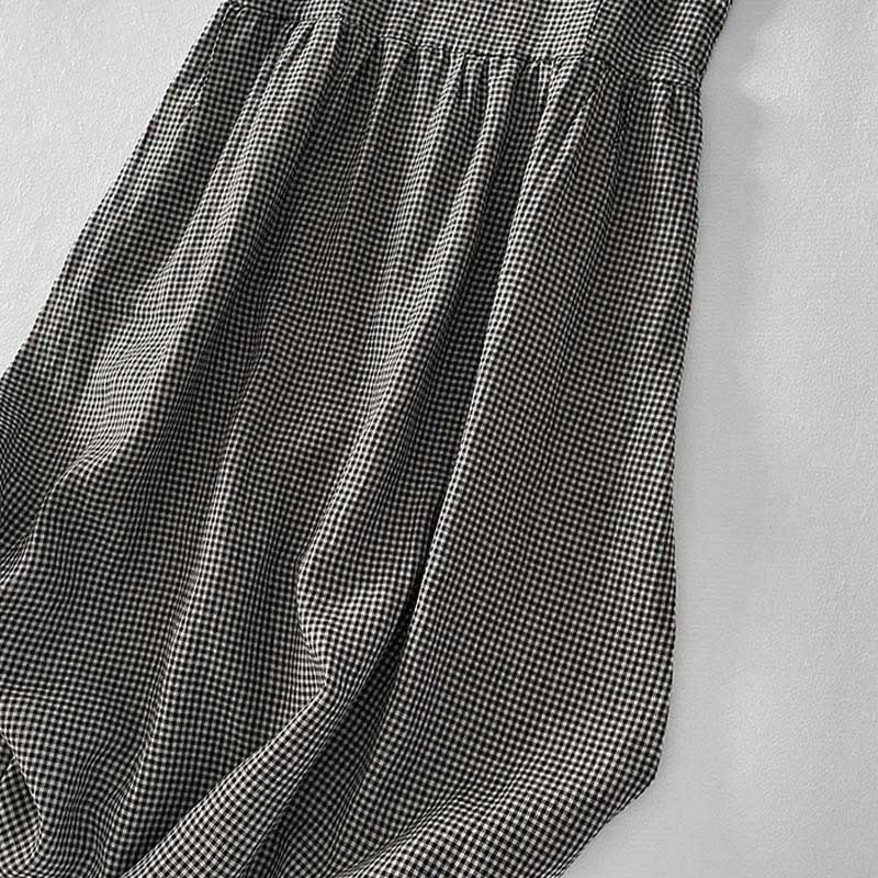 Buddha Stones Casual Plain Handmade Plaid Midi Dress Bawełniana sukienka bez rękawów z kieszeniami - image 14