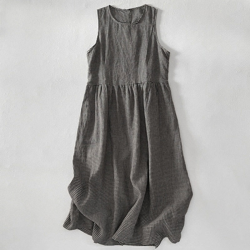 Buddha Stones Casual Plain Handmade Plaid Midi Dress Bawełniana sukienka bez rękawów z kieszeniami - DimGray - US16, UK/AU20, EU48 (3XL) - image 9