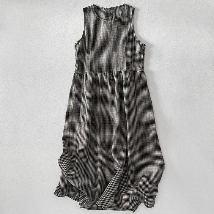 Buddha Stones Casual Plain Handmade Plaid Midi Dress Bawełniana sukienka bez rękawów z kieszeniami - DimGray - US16, UK/AU20, EU48 (3XL) - image 9