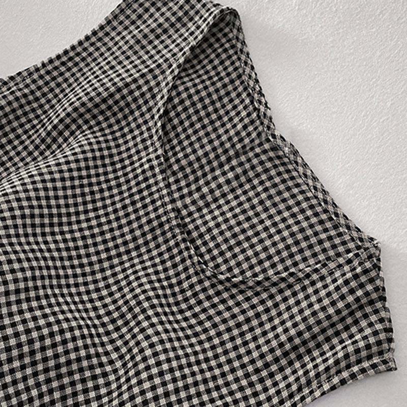 Buddha Stones Casual Plain Handmade Plaid Midi Dress Bawełniana sukienka bez rękawów z kieszeniami - image 10