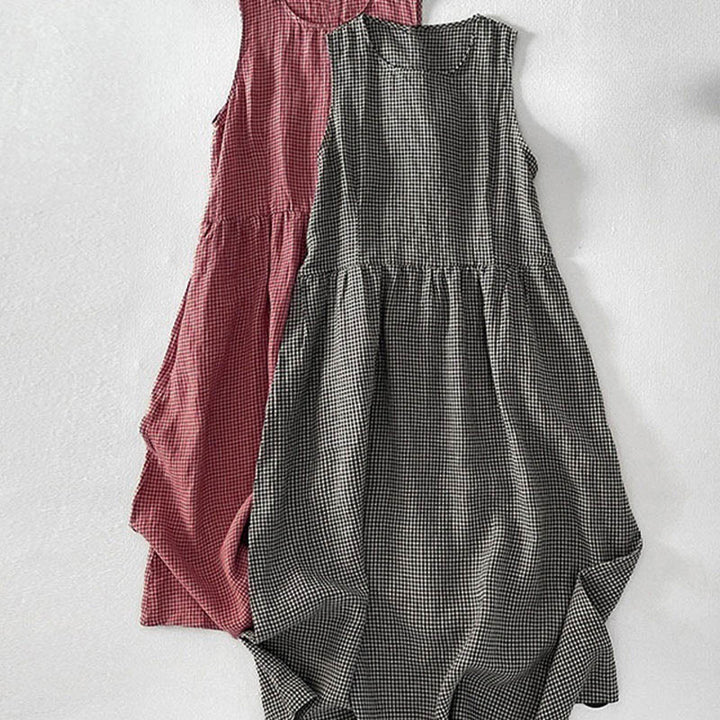 Buddha Stones Casual Plain Handmade Plaid Midi Dress Bawełniana sukienka bez rękawów z kieszeniami - image 17
