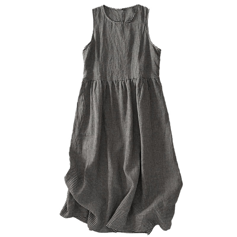 Buddha Stones Casual Plain Handmade Plaid Midi Dress Bawełniana sukienka bez rękawów z kieszeniami - image 16