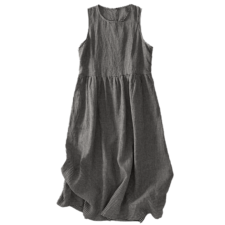 Buddha Stones Casual Plain Handmade Plaid Midi Dress Bawełniana sukienka bez rękawów z kieszeniami - image 16