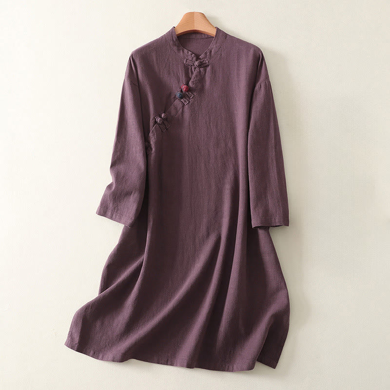 Sukienka midi z bawełny z długim rękawem i zapięciem na guziki w kształcie żaby z motywem Buddha Stones - Ciemna Magenta - US12, UK/AU16, EU44 (2XL) - image 1