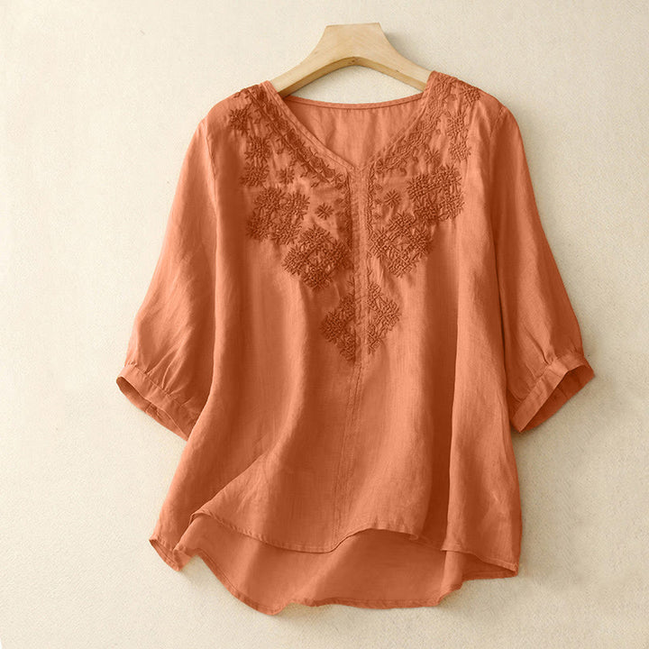 Koszula damska z krótkim rękawem i dekoltem w serek z haftowanymi Buddha Stones - SandyBrown - US12, UK/AU16, EU44 (2XL) - image 5
