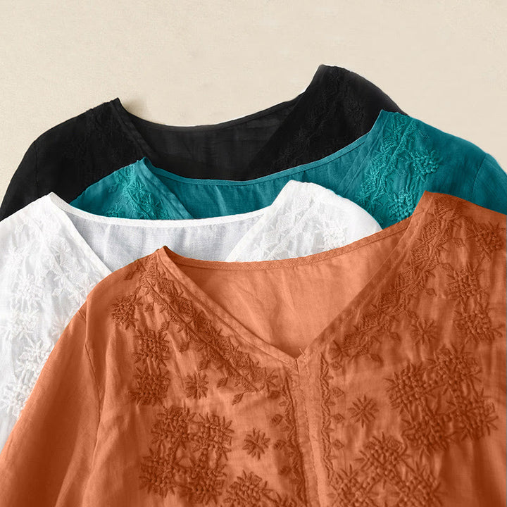 Koszula damska z krótkim rękawem i dekoltem w serek z haftowanymi Buddha Stones - image 21