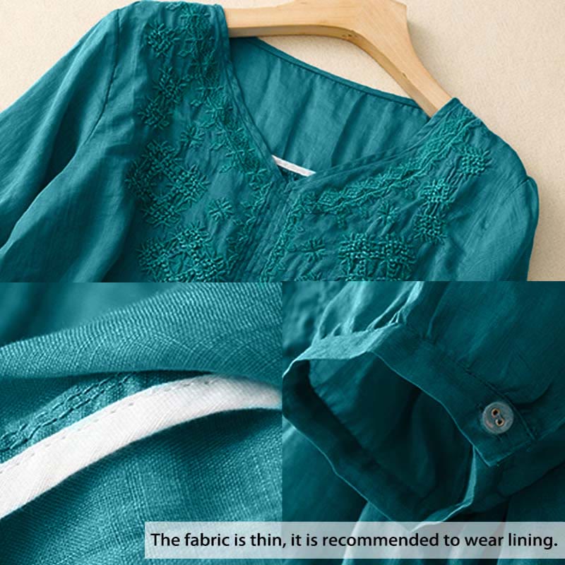 Koszula damska z krótkim rękawem i dekoltem w serek z haftowanymi Buddha Stones - image 2