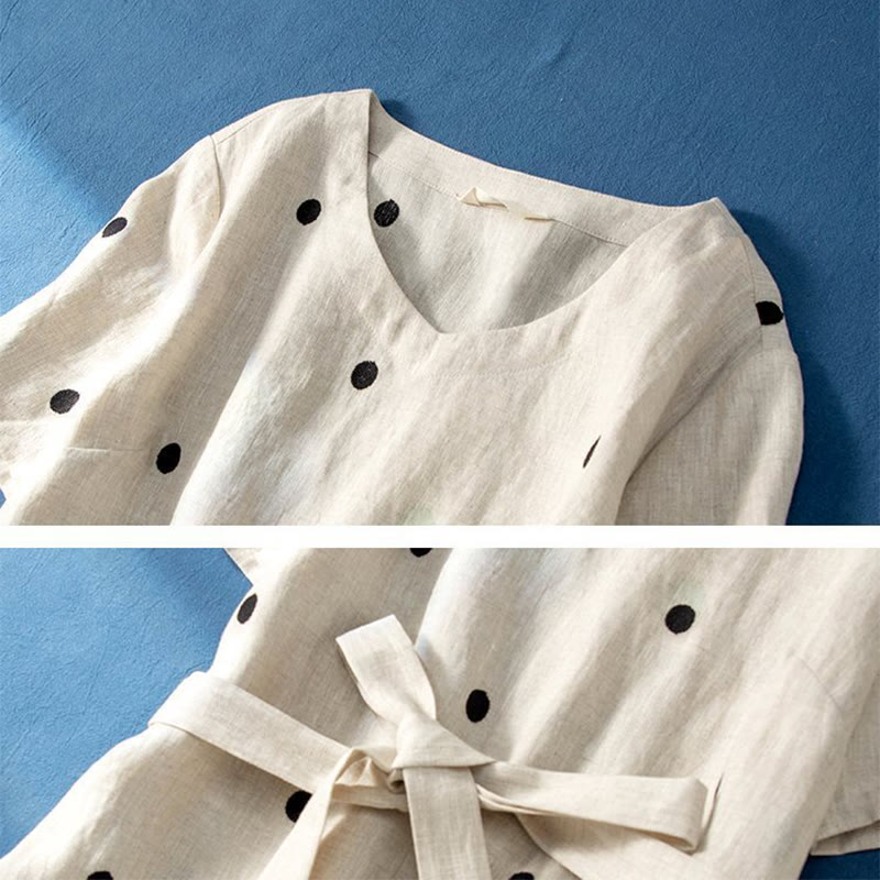 Sukienka midi damska z krótkim rękawem, sznurowana, bawełniana, lniana, z kieszeniami i wzorem w kropki "Buddha Stones" - image 8