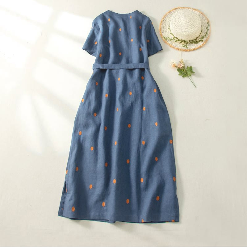 Sukienka midi damska z krótkim rękawem, sznurowana, bawełniana, lniana, z kieszeniami i wzorem w kropki "Buddha Stones" - image 1