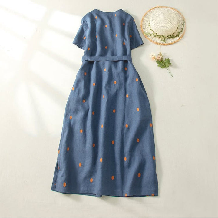 Sukienka midi damska z krótkim rękawem, sznurowana, bawełniana, lniana, z kieszeniami i wzorem w kropki "Buddha Stones" - image 1