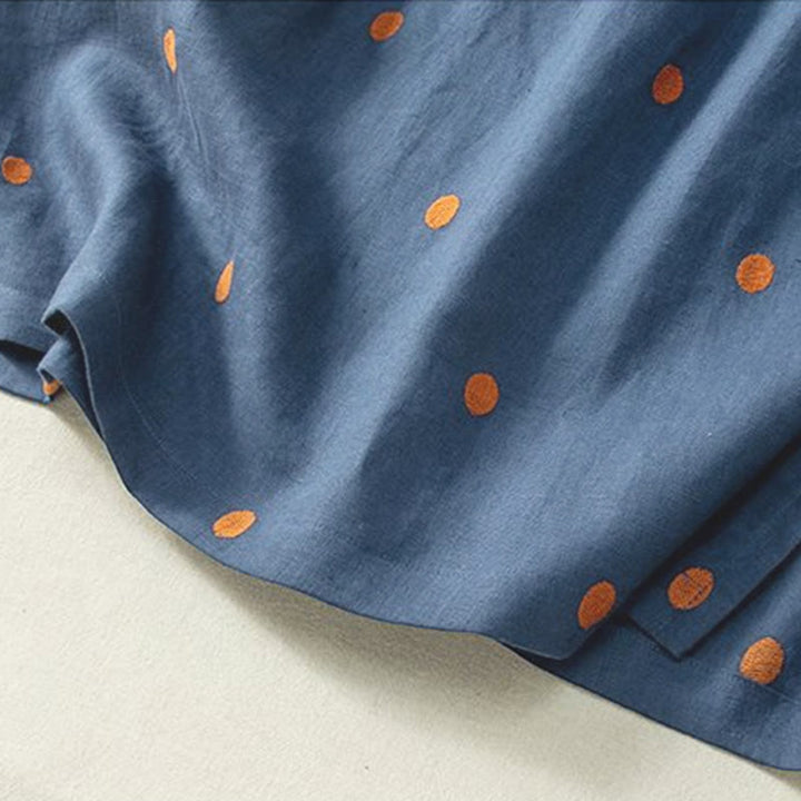 Sukienka midi damska z krótkim rękawem, sznurowana, bawełniana, lniana, z kieszeniami i wzorem w kropki "Buddha Stones" - image 3