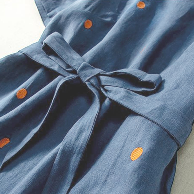 Sukienka midi damska z krótkim rękawem, sznurowana, bawełniana, lniana, z kieszeniami i wzorem w kropki "Buddha Stones" - image 2