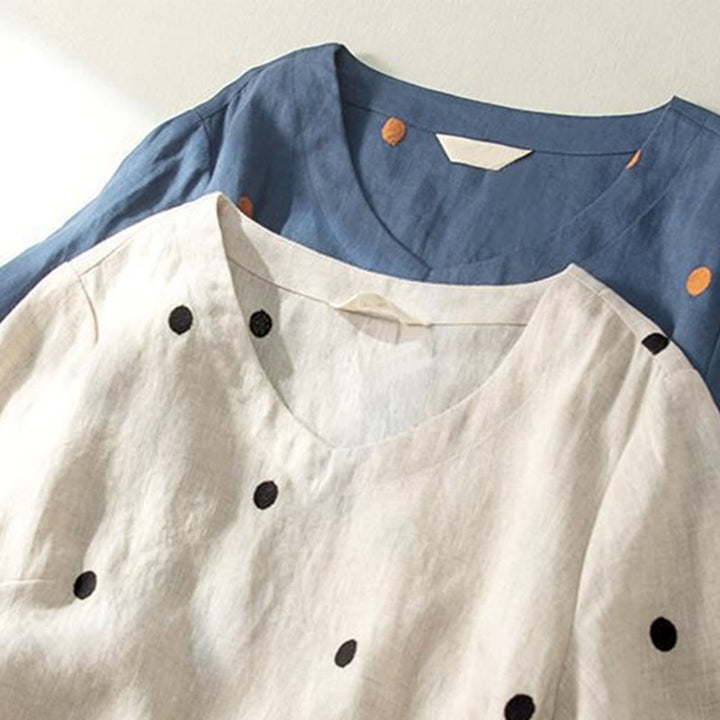 Sukienka midi damska z krótkim rękawem, sznurowana, bawełniana, lniana, z kieszeniami i wzorem w kropki "Buddha Stones" - image 12