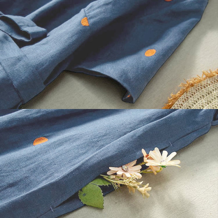 Sukienka midi damska z krótkim rękawem, sznurowana, bawełniana, lniana, z kieszeniami i wzorem w kropki "Buddha Stones" - image 5