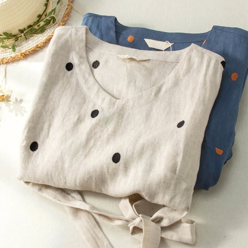 Sukienka midi damska z krótkim rękawem, sznurowana, bawełniana, lniana, z kieszeniami i wzorem w kropki "Buddha Stones" - image 11