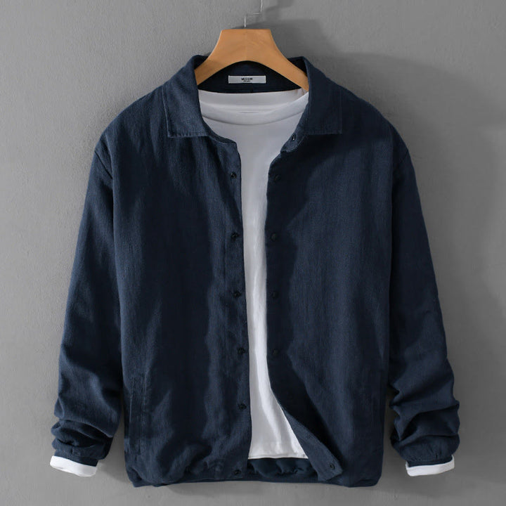 Męska koszula z bawełny i lnu z kieszeniami i prążkowanym długim rękawem w stylu "Buddha Stones" - Marynarka wojenna - US/UK/AU42， EU52 (3XL) - image 12