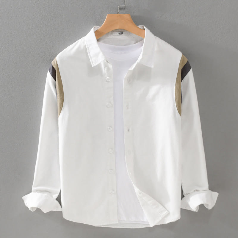 Koszula męska z długim rękawem z bawełny w kontrastowym kolorze z motywem Buddha Stones wiosenna z patchworkowym wzorem - Biały - US/UK/AU42， EU52 (3XL) - image 0