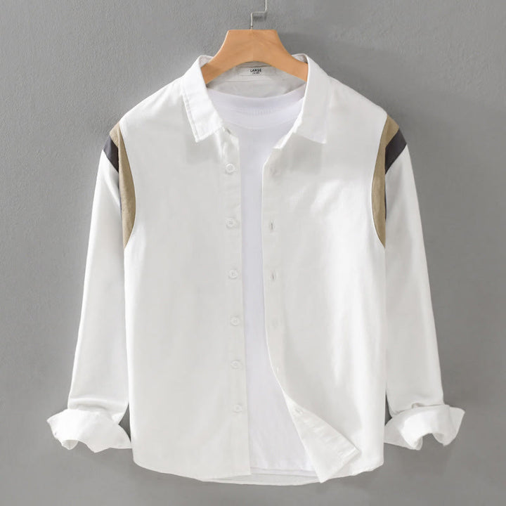 Koszula męska z długim rękawem z bawełny w kontrastowym kolorze z motywem Buddha Stones wiosenna z patchworkowym wzorem - Biały - US/UK/AU42， EU52 (3XL) - image 0