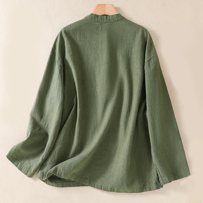 Koszula damska z długim rękawem i kieszeniami, z okrągłym dekoltem i bawełnianą koszulą Buddha Stones , w swobodnym stylu, z guzikami i kieszeniami - image 1