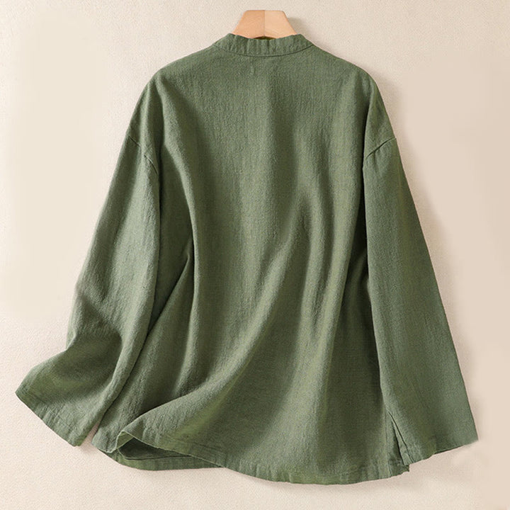 Koszula damska z długim rękawem i kieszeniami, z okrągłym dekoltem i bawełnianą koszulą Buddha Stones , w swobodnym stylu, z guzikami i kieszeniami - image 1