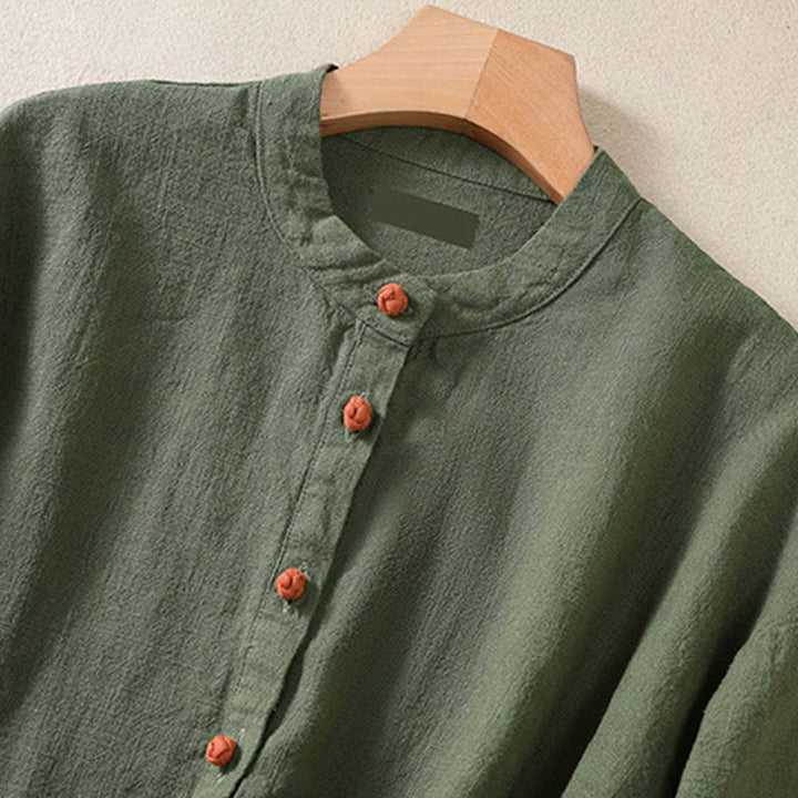 Koszula damska z długim rękawem i kieszeniami, z okrągłym dekoltem i bawełnianą koszulą Buddha Stones , w swobodnym stylu, z guzikami i kieszeniami - image 5