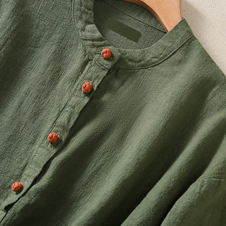 Koszula damska z długim rękawem i kieszeniami, z okrągłym dekoltem i bawełnianą koszulą Buddha Stones , w swobodnym stylu, z guzikami i kieszeniami - image 4