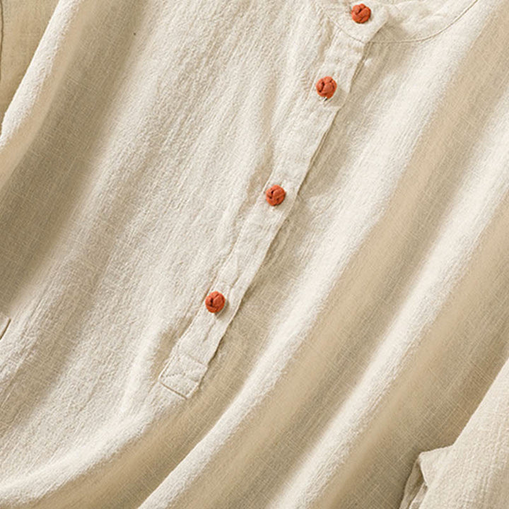 Koszula damska z długim rękawem i kieszeniami, z okrągłym dekoltem i bawełnianą koszulą Buddha Stones , w swobodnym stylu, z guzikami i kieszeniami - image 22