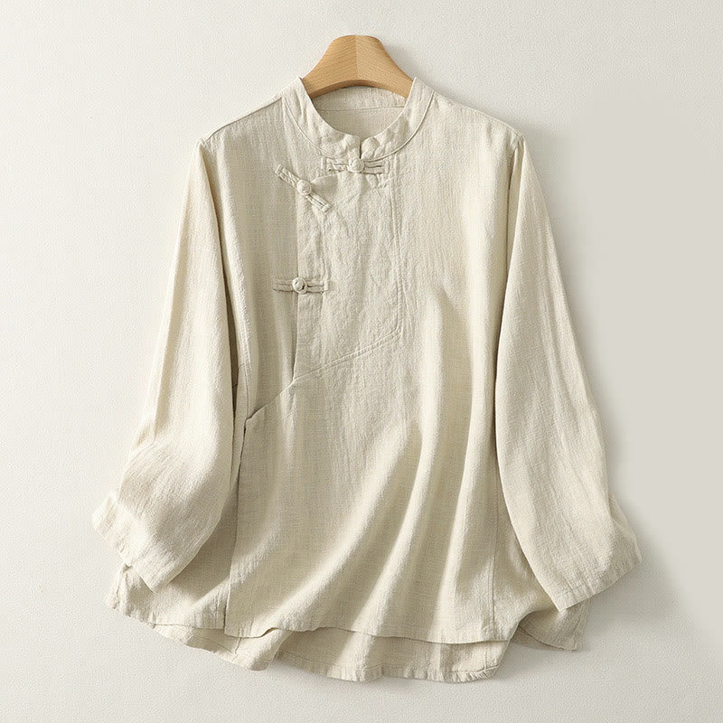 Koszula damska z długim rękawem z bawełny Buddha Stones, swobodna, gładka, z żabimi guzikami - Beżowy - US8-10，UK/AU12-14，EU40-42 (2XL) - image 6