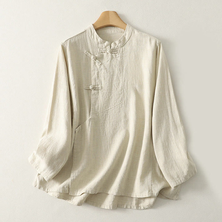 Koszula damska z długim rękawem z bawełny Buddha Stones, swobodna, gładka, z żabimi guzikami - Beżowy - US8-10，UK/AU12-14，EU40-42 (2XL) - image 6