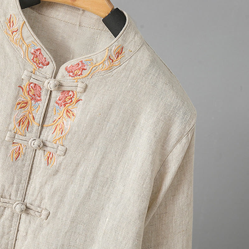 Koszula damska z długim rękawem i haftem kwiatów z motywem Buddha Stones , zapinana na guziki z żabą, bawełniana - image 4