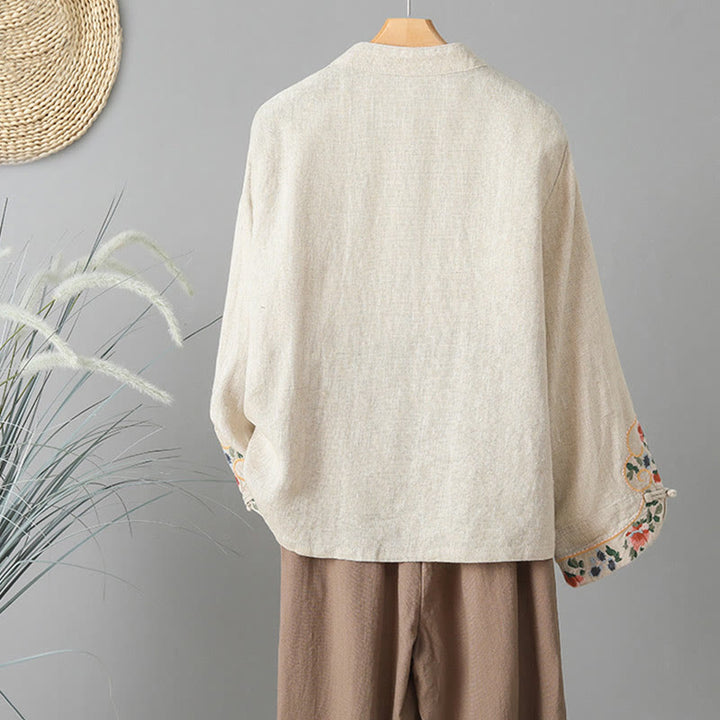 Koszula damska z długim rękawem i haftem kwiatów z motywem Buddha Stones , zapinana na guziki z żabą, bawełniana - image 1