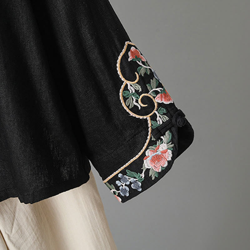 Koszula damska z długim rękawem i haftem kwiatów z motywem Buddha Stones , zapinana na guziki z żabą, bawełniana - image 21