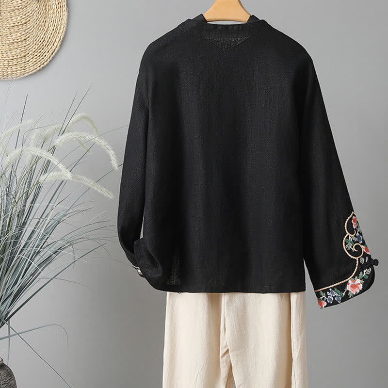 Koszula damska z długim rękawem i haftem kwiatów z motywem Buddha Stones , zapinana na guziki z żabą, bawełniana - image 19