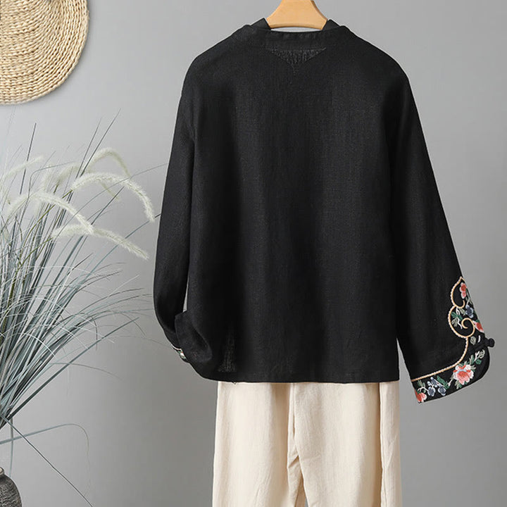 Koszula damska z długim rękawem i haftem kwiatów z motywem Buddha Stones , zapinana na guziki z żabą, bawełniana - image 19