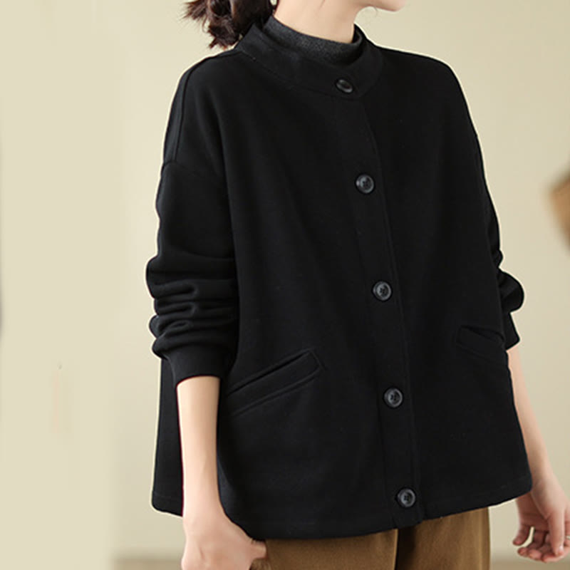 Kurtka damska z długim rękawem i kieszeniami z bawełny Buddha Stones w jednolitym kolorze - image 3