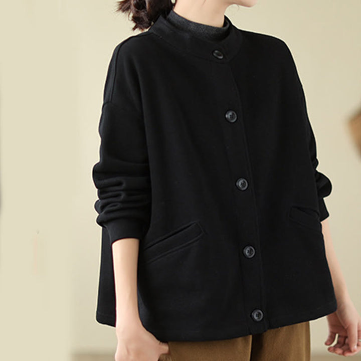 Kurtka damska z długim rękawem i kieszeniami z bawełny Buddha Stones w jednolitym kolorze - image 3