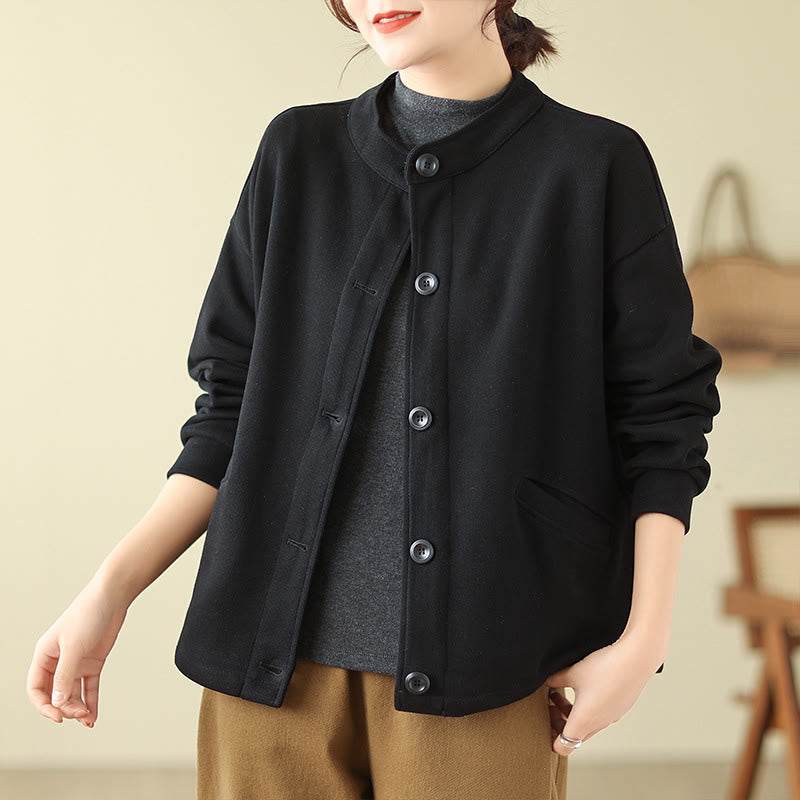 Kurtka damska z długim rękawem i kieszeniami z bawełny Buddha Stones w jednolitym kolorze - image 4