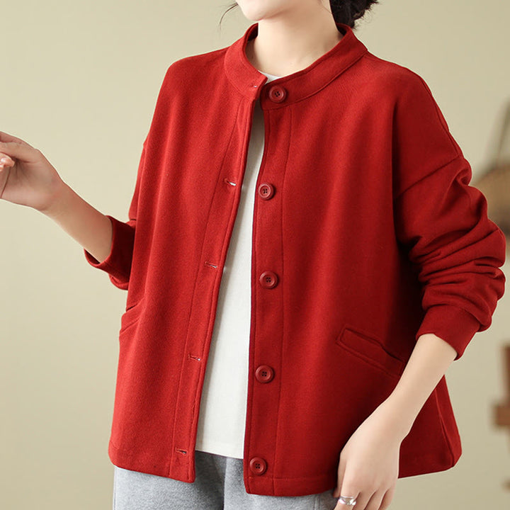 Kurtka damska z długim rękawem i kieszeniami z bawełny Buddha Stones w jednolitym kolorze - image 6