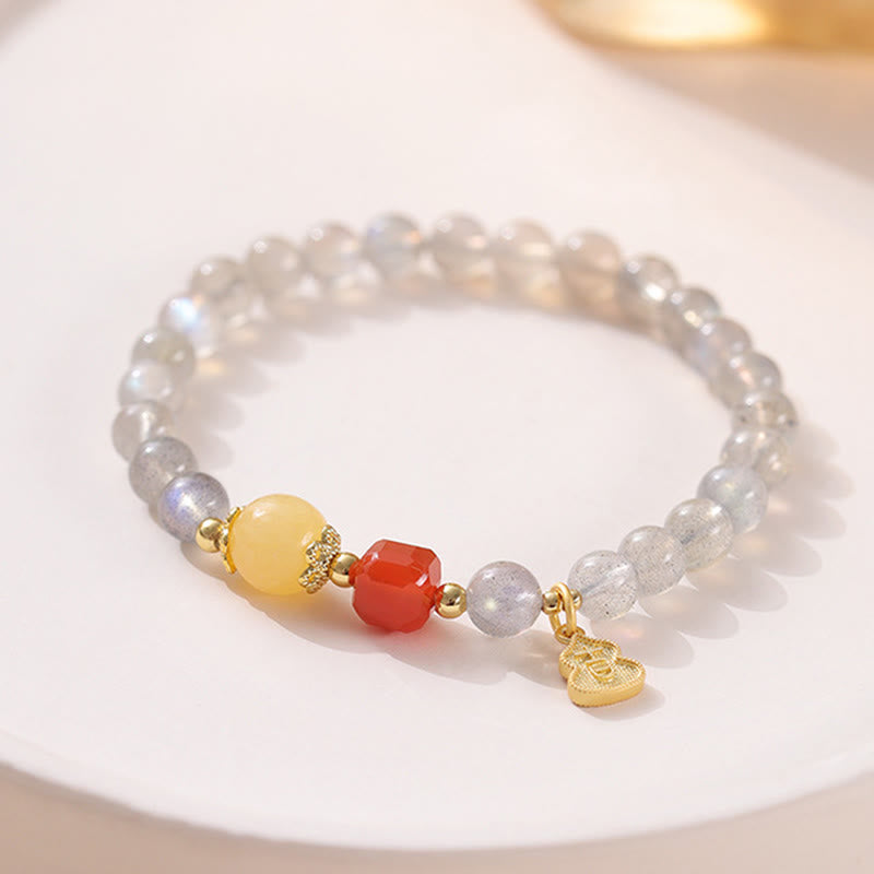 Bransoletka z naturalnego kamienia księżycowego i lotosu z motywem miłości Buddha Stones - Kamień księżycowy i południowy czerwony agat (obwód nadgarstka: 15-16 cm) - image 10