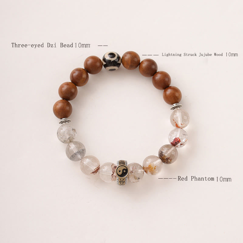 Bransoletka ochronna Phantom Yin Yang z Buddha Stones uderzonymi piorunem i czerwonym drewnem - image 2