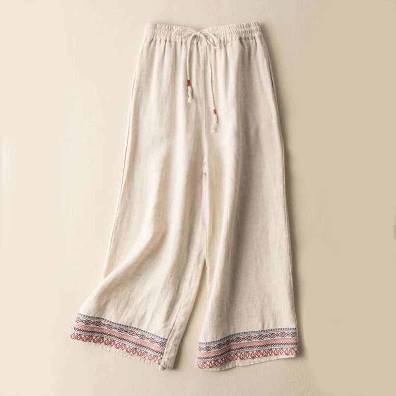 Spodnie damskie z szerokimi nogawkami i kieszeniami z szerokimi bawełnianymi paskami w stylu boho z motywem Buddha Stones - Beżowy - US14, UK/AU18, EU46 (4XL) - image 1